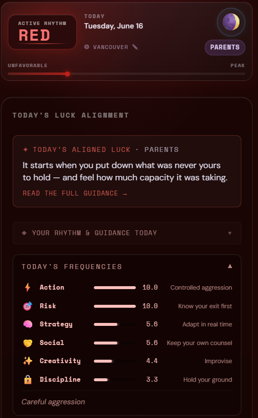 LuckifyMe app showing an active daily rhythm and guidance screen